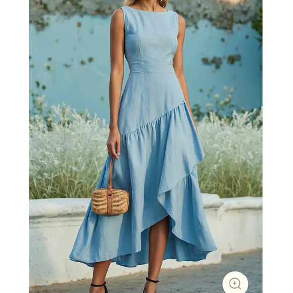 Linen Vibes Cinderella Blue Cotton Ruffle French Vintage Cotton Dress Size M - Picture 1 of 15